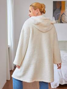 SHEIN EZwear Abrigo teddy con bolsillo con solapa con diseño de oreja 3D con capucha - Beis - Ver 2