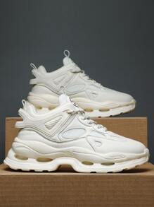 Men Letter Patch Decor Lace-up Front Chunky Sneakers - Beige - View 1