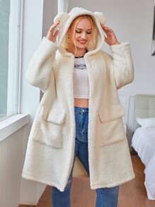 SHEIN EZwear Abrigo teddy con bolsillo con solapa con diseño de oreja 3D con capucha - Beis - Ver 5