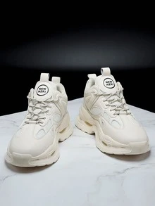 Men Letter Patch Decor Lace-up Front Chunky Sneakers - Beige - View 3