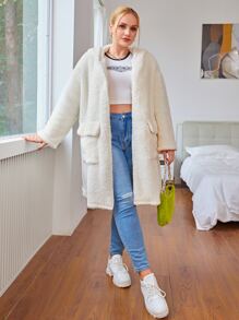 SHEIN EZwear Abrigo teddy con bolsillo con solapa con diseño de oreja 3D con capucha - Beis - Ver 6