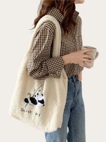 Panda Graphic Fluffy Tote Bag - Beige - View 1