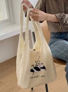 Panda Graphic Fluffy Tote Bag - Beige - View 2