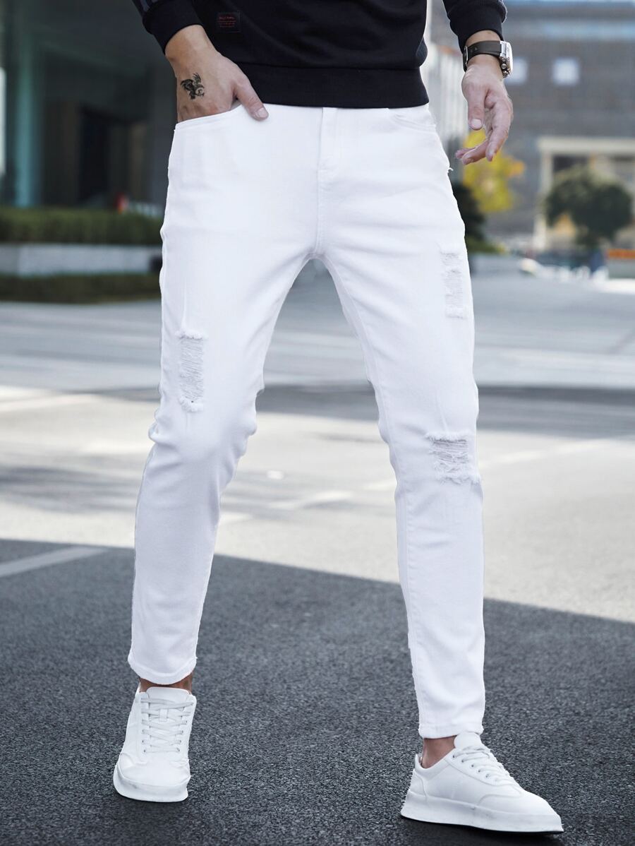 Manfinity Homme Men Cotton Ripped Slim Jeans Fit Long Washed Light Jean Cargo Plain All White Office Basic Husband Going Out Hang Out Commute Party Urban - White - View 1
