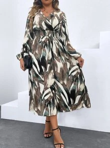 SHEIN Clasi 大碼筆刷圖案燈籠袖洋裝