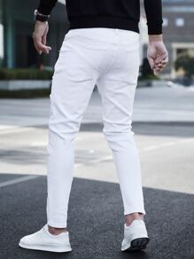 Manfinity Homme Men Cotton Ripped Slim Jeans Fit Long Washed Light Jean Cargo Plain All White Office Basic Husband Going Out Hang Out Commute Party Urban - White - View 2