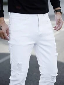 Manfinity Homme Men Cotton Ripped Slim Jeans Fit Long Washed Light Jean Cargo Plain All White Office Basic Husband Going Out Hang Out Commute Party Urban - White - View 6
