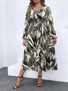 SHEIN Clasi 大碼筆刷圖案燈籠袖洋裝