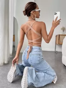 SHEIN ICON 繫帶後背繫帶針織上衣 - 藕粉色 - 查看 1