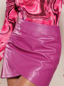 SHEIN BAE Solid Ruched Wrap PU Leather Skirt - Pink - View 3