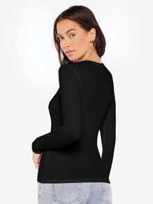 SHEIN BASICS Rib-knit Solid Tee - Black - View 2