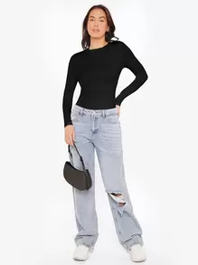 SHEIN BASICS Rib-knit Solid Tee - Black - View 3