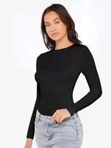 SHEIN BASICS Rib-knit Solid Tee - Black - View 4