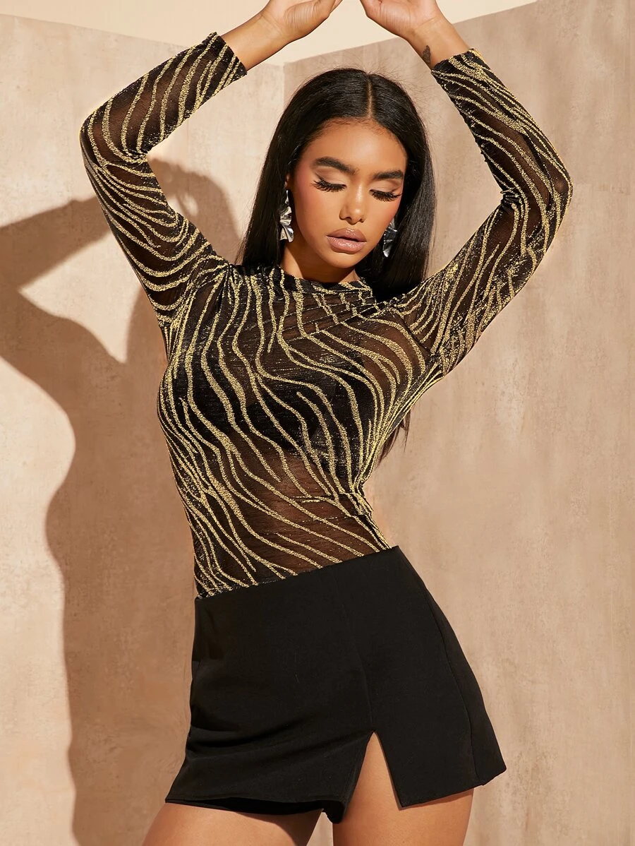 SHEIN BAE Lettuce Trim Glitter Sheer Mesh Top Without Bra - Multicolor - View 1