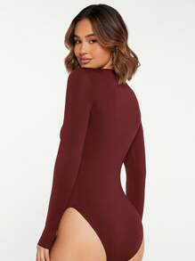SHEIN BASICS Slim Fit Round Neck Bodysuit - Maroon - View 2