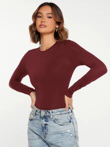 SHEIN BASICS Slim Fit Round Neck Bodysuit - Maroon - View 3