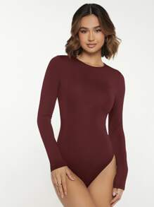 SHEIN BASICS Slim Fit Round Neck Bodysuit - Maroon - View 4