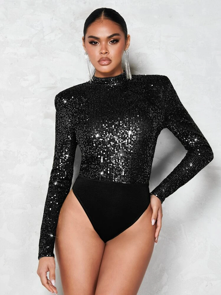 SHEIN BAE Body con diamante de imitación con diseño de cadena de espalda abierta de cuello alto con lentejuelas - Negro - Añade 4