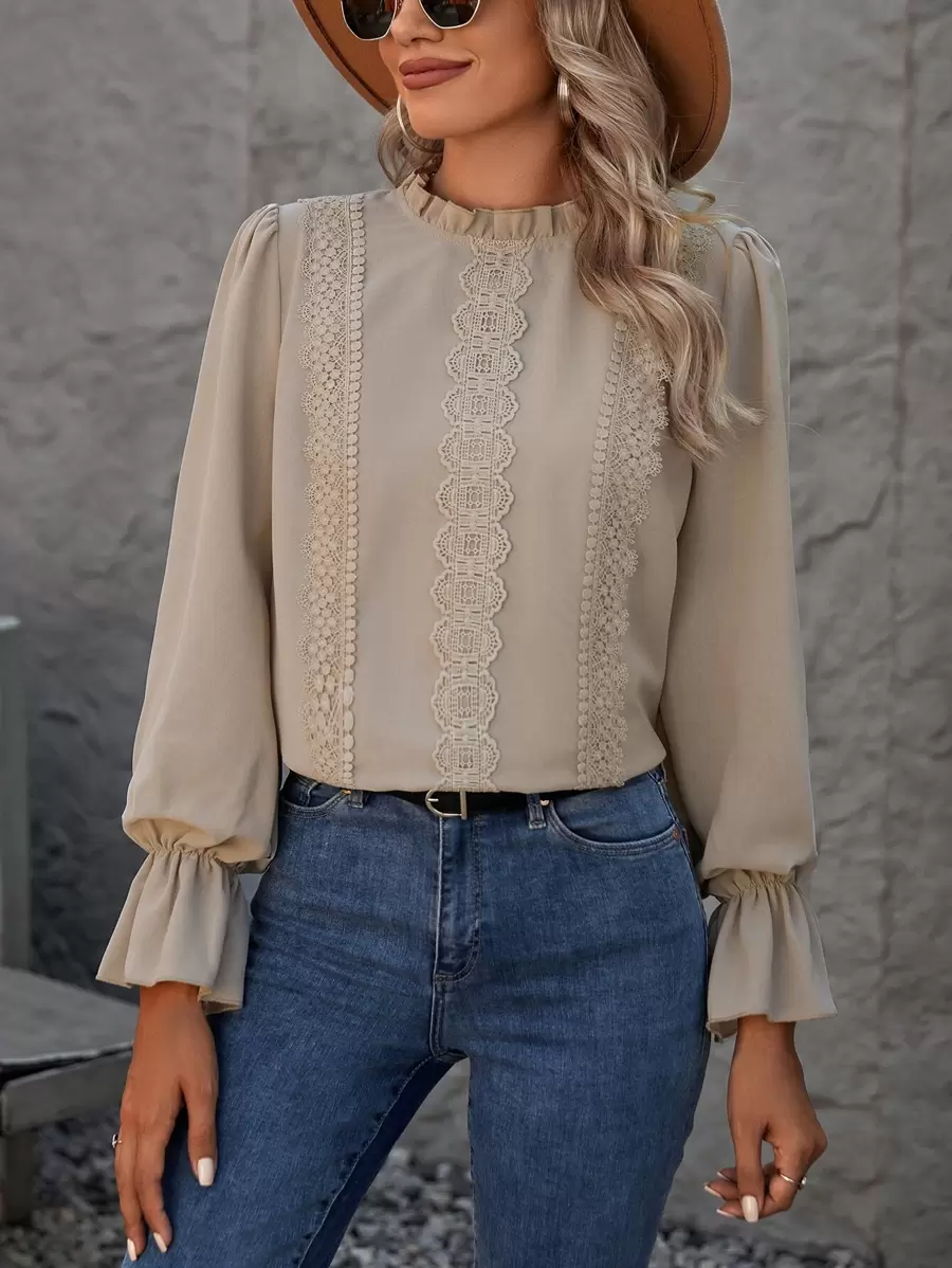 SHEIN Clasi Guipure Lace Panel Flounce Sleeve Blouse - Apricot - View 1