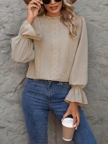 SHEIN Clasi Guipure Lace Panel Flounce Sleeve Blouse - Apricot - View 3