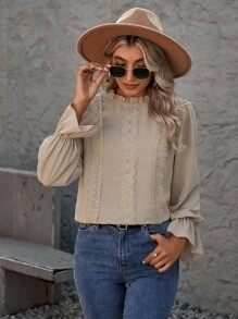 SHEIN Clasi Guipure Lace Panel Flounce Sleeve Blouse - Apricot - View 4