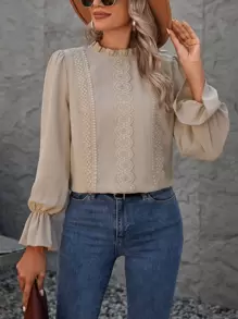 SHEIN Clasi Guipure Lace Panel Flounce Sleeve Blouse - Apricot - View 6