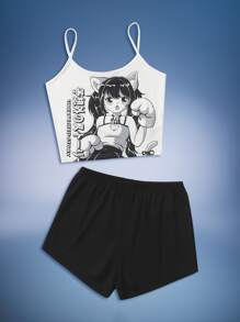 ROMWE Anime 人像圖案睡衣套裝 - 黑與白 - 查看 1