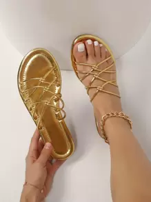 女士金屬質感結飾交叉魅力四射戶外平底涼鞋 - 金色 - 查看 1