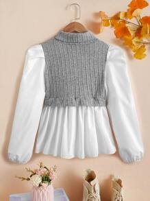 SHEIN Girls Two Tone Mock Neck Lantern Sleeve Peplum 2 In 1 Blouse