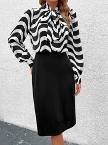SHEIN Clasi Wave Line Print Tie Neck Fitted Dress - Black and White - View 4