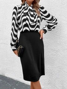 SHEIN Clasi Wave Line Print Tie Neck Fitted Dress - Black and White - View 5