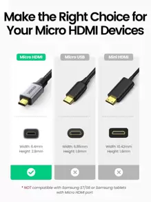 UGREEN 0.22M Micro HDMI To HDMI Cable Male To Female Micro HDMI Adapter Support 4K 60Hz 3D 1080P Ethernet Audio Return For GoPro Hero 6 Hero 5 Black, Nexus 10 Tablet, ASUS Zenbook Laptop, Camera-Intl - Grey - View 3