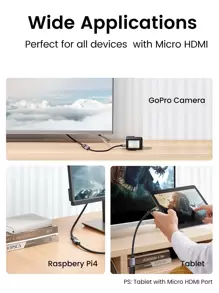 UGREEN 0.22M Micro HDMI To HDMI Cable Male To Female Micro HDMI Adapter Support 4K 60Hz 3D 1080P Ethernet Audio Return For GoPro Hero 6 Hero 5 Black, Nexus 10 Tablet, ASUS Zenbook Laptop, Camera-Intl - Grey - View 5