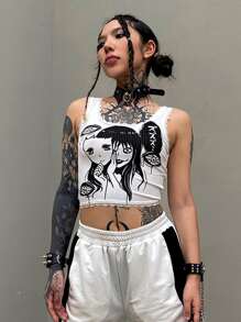 ROMWE Anime Áo hai dây Tương phản ren Con số Lá thư Giải trí - trắng - Xem 1