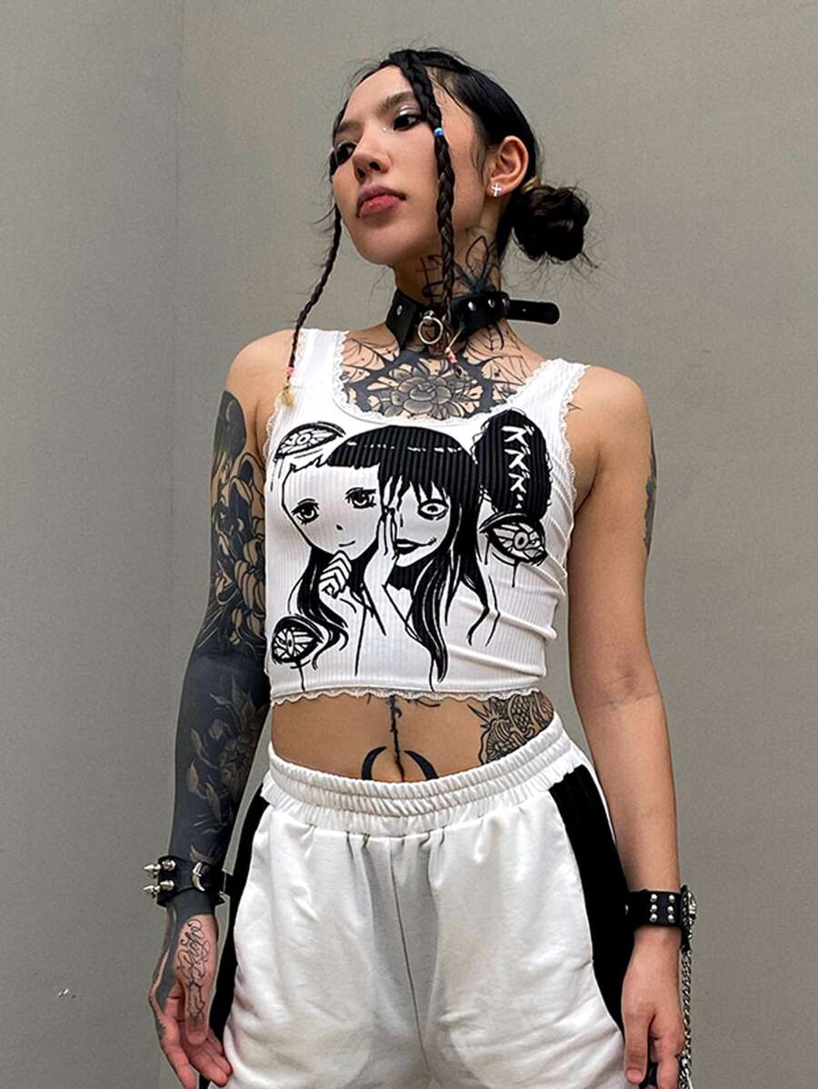 ROMWE Anime Áo hai dây Tương phản ren Con số Lá thư Giải trí - trắng - Xem 1