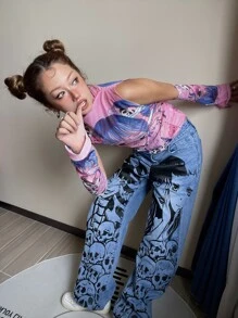 ROMWE Anime Figure Graphic Straight Leg Jeans Without Belt - Light Wash - View 2