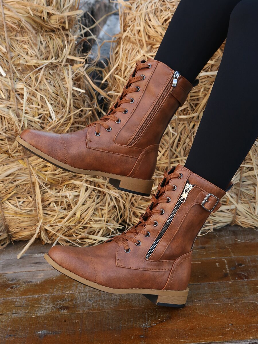 Buckle Decor Lace Up Design Side Zipper Boots - Brown - View 1