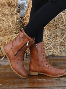 Buckle Decor Lace Up Design Side Zipper Boots - Brown - View 2