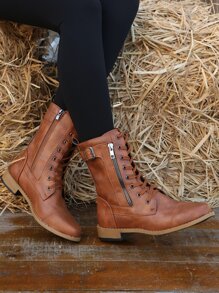 Buckle Decor Lace Up Design Side Zipper Boots - Brown - View 5