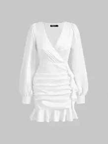 SHEIN MOD Surplice Neck Ruched Ruffle Hem Dress - White - View 1