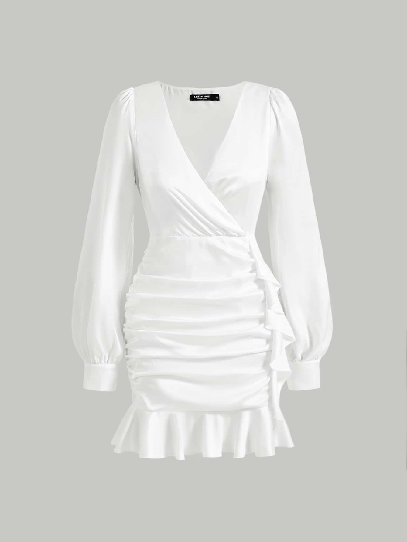 SHEIN MOD Surplice Neck Ruched Ruffle Hem Dress - White - View 1