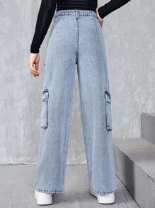 SHEIN 青少年女孩翻蓋口袋闊腿牛仔褲 - 淺色水洗藍 - 查看 2