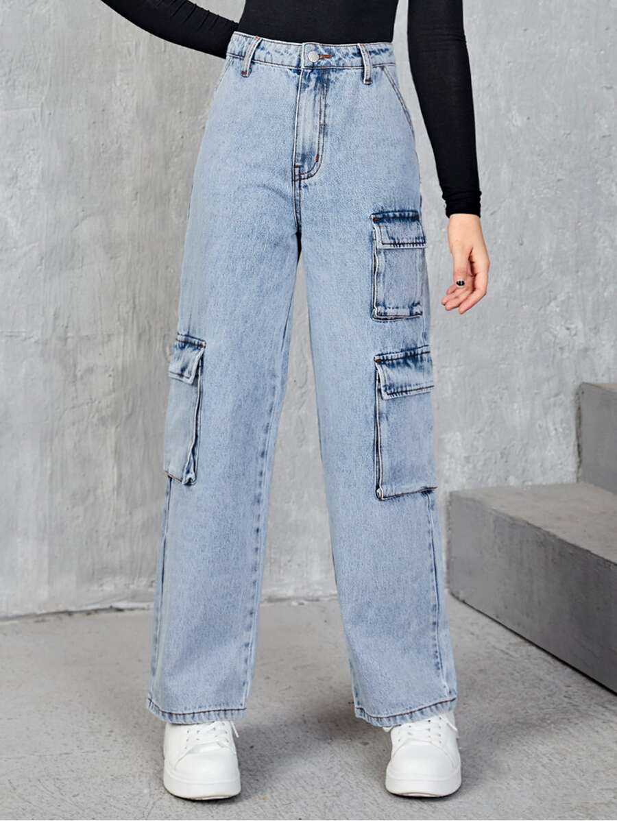 SHEIN 青少年女孩翻蓋口袋闊腿牛仔褲 - 淺色水洗藍 - 查看 1