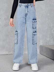 SHEIN 青少年女孩翻蓋口袋闊腿牛仔褲 - 淺色水洗藍 - 查看 6