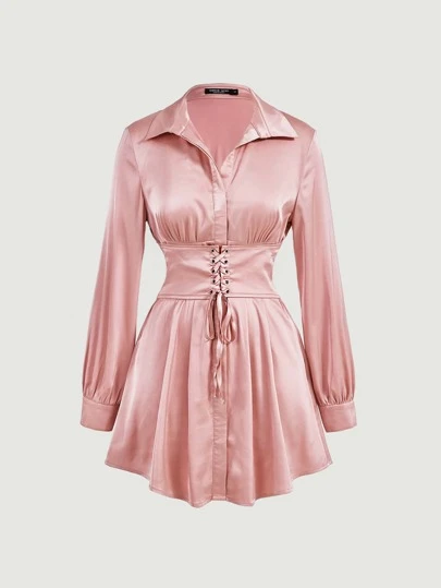 SHEIN MOD 前繫帶襯衫連衣裙