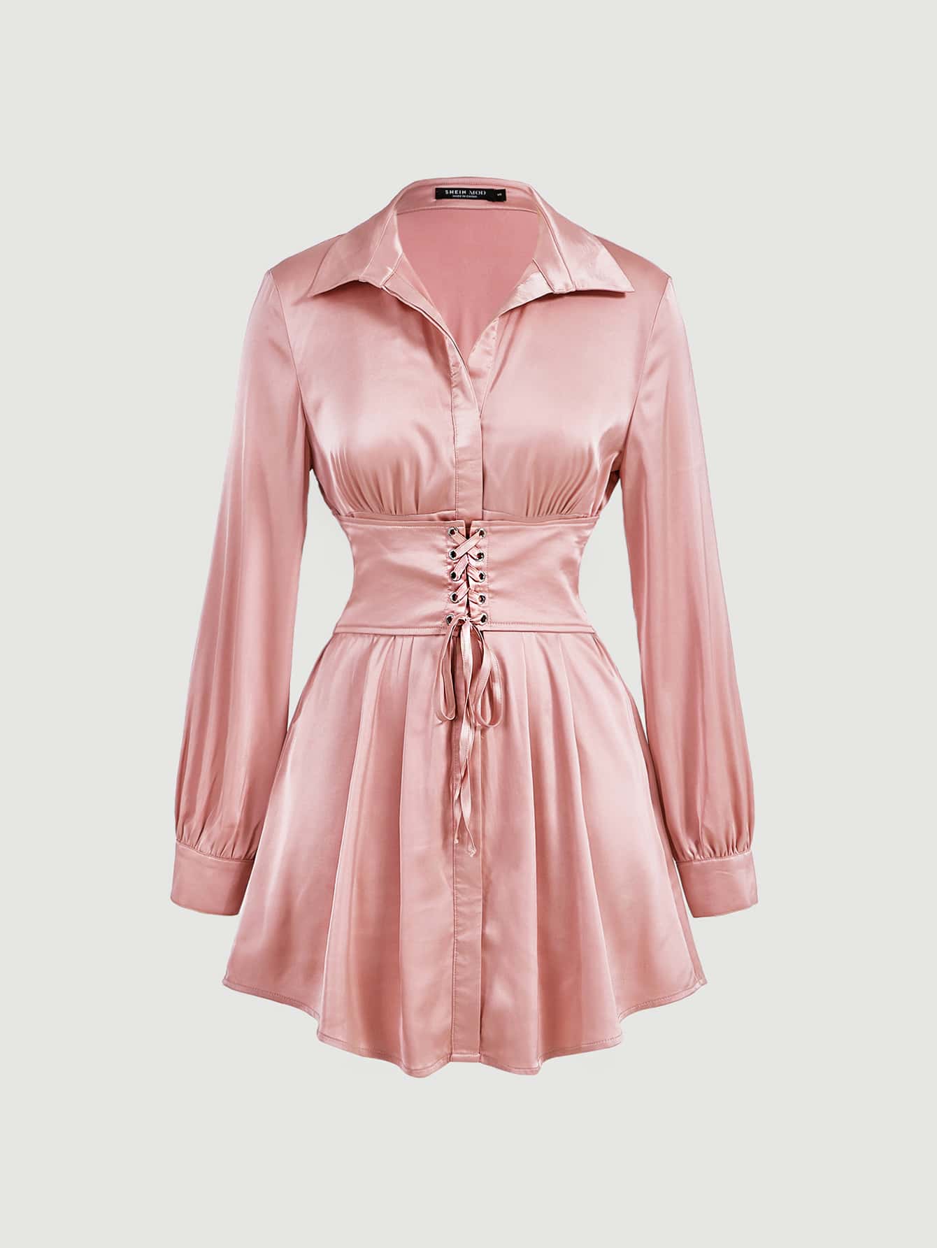 SHEIN MOD 前繫帶襯衫連衣裙 - 淺粉色 - 查看 1