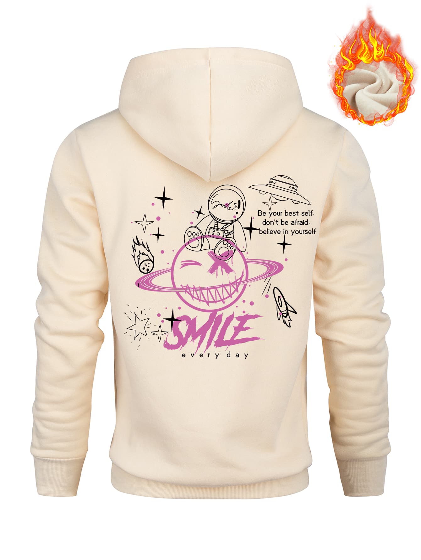 Manfinity Hypemode 男士卡通和標語圖案抽繩加絨內裏連帽衫 - 杏色 - 查看 1