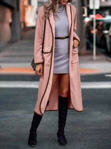 SHEIN LUNE Contrast Binding Shawl Collar Flap Pocket Coat - Dusty Pink - View 3