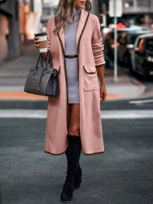 SHEIN LUNE Contrast Binding Shawl Collar Flap Pocket Coat - Dusty Pink - View 5