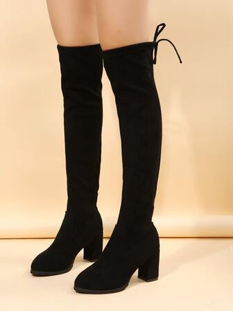 FVPFVP 秋冬エレガントな黒無地ストレッチフェイクスエード ニーハイブーツ バックタイ付き セクシー レディースブーツ